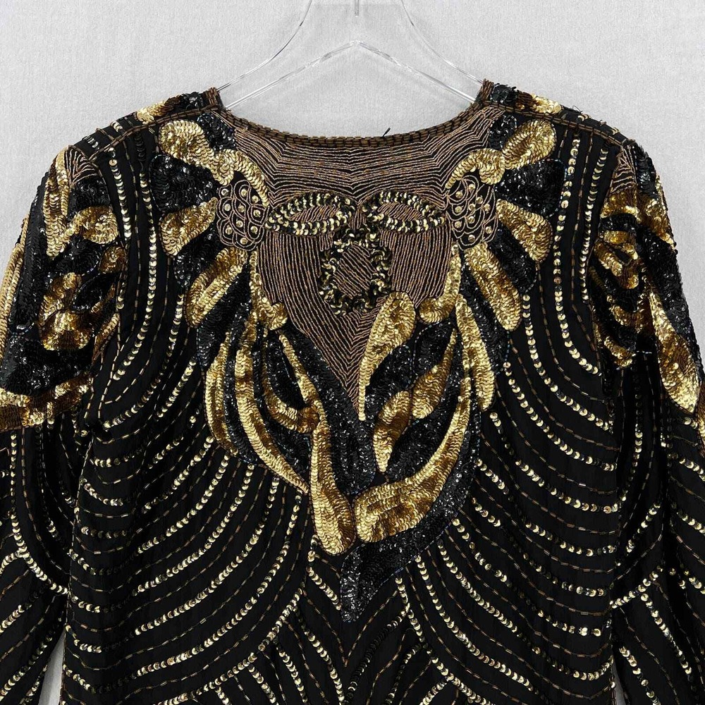 VINTAGE 80s Sequin Top Women Small Black Gold Beaded Silk Party Blouse Disco - Picture 5 of 16